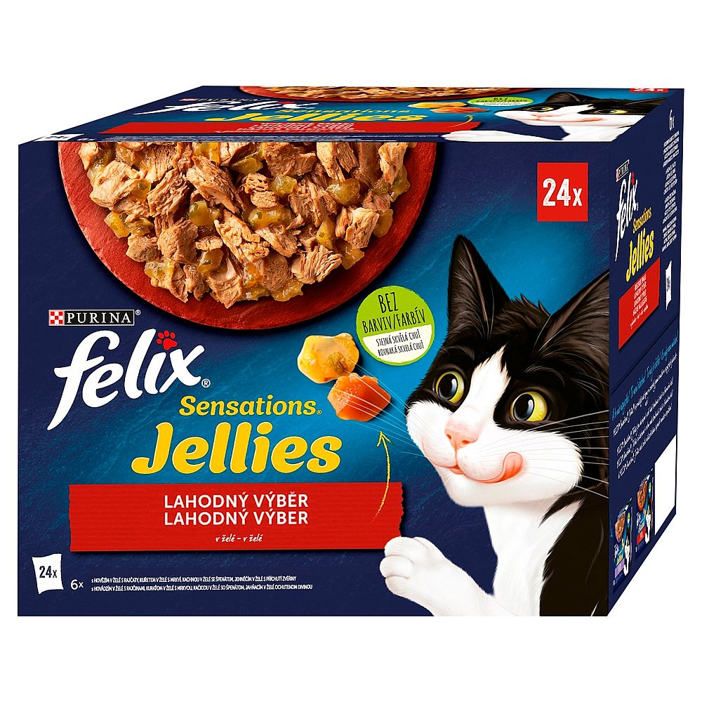 0e8025566b5e1d6327df9a917f74385f477bfd64 FELIX Sensations Jellies Multipack 24x85g hovädzie s rajčinami/ kura s mrkvou/ kačica/ jahňacie v och. želé – Obrázok 1