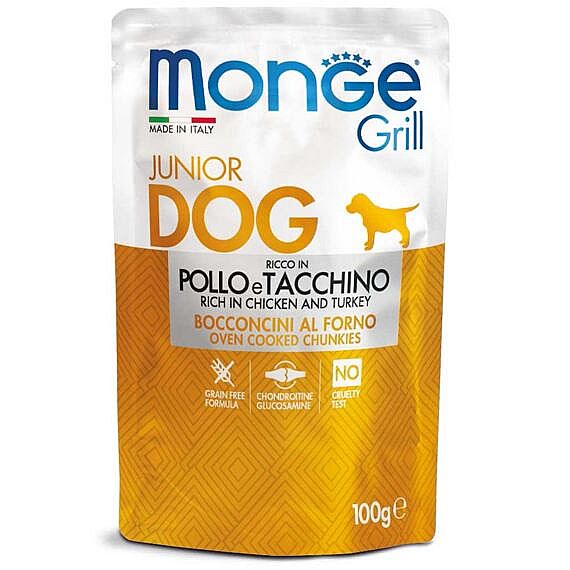 19f6372063c4de00f4abe4d8e167e2cc43bcc175 MONGE GRILL JUNIOR kuracie s morkou pre šteniatka 100g kapsička pre psy – Obrázok 1