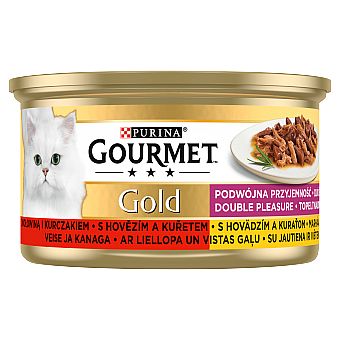 1c60f74c56e733ec0ef9af1f02f13ca348498575 Gourmet Gold konzerva duo s hovädzím a kuraťom 85 g – Obrázok 1