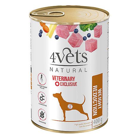 6a1d96e1a0a44f6e94ab92f6f754e47fd77bf84a 4Vets Dog Weight Reduction konzerva pre psy 400 g – Obrázok 1