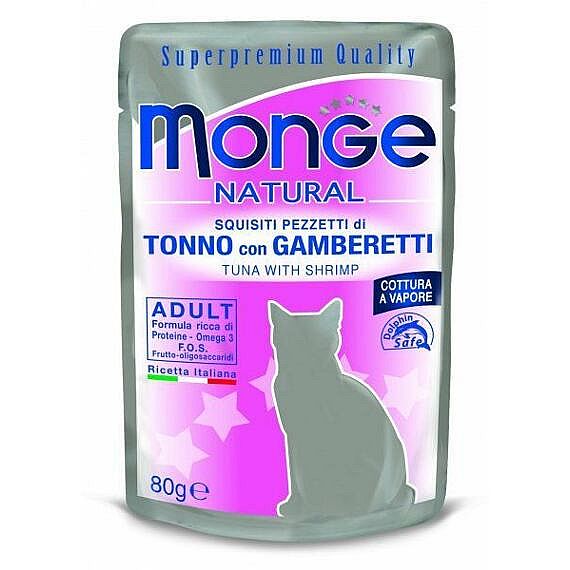 70606a700e099c401822b0cf40062c9ee1043569 MONGE NATURAL tuniak, kura v želé s krevetami 80g kapsička pre mačky – Obrázok 1