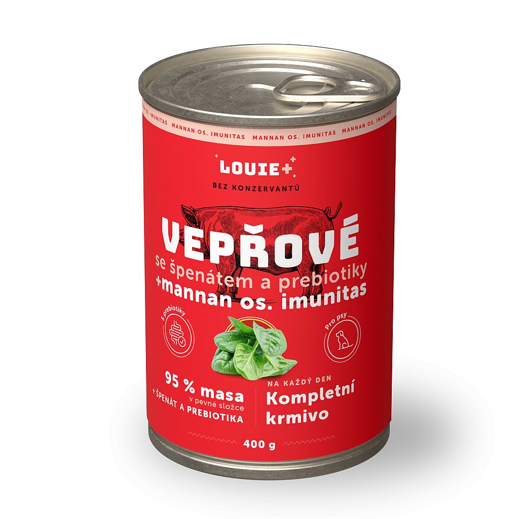 7dfcf4a5e6958f266ca91a5e585b2c496d70958a Konzerva LOUIE bravčové, špenát, prebiotika 400g pre psov – Obrázok 1