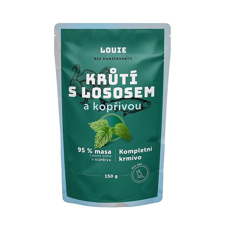 888a1a8a3672d5ac88b605cae500d3e43389faed Kapsička LOUIE morka s lososom a žihľavou 150g pre psov – Obrázok 1