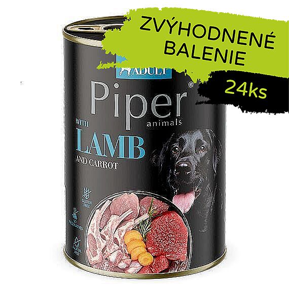 8ad6e6353b659e846ab87a5c7cb3d3daa2c0728e PIPER konzerva pre psov s jahňacím a mrkvou 24×400g – Obrázok 1