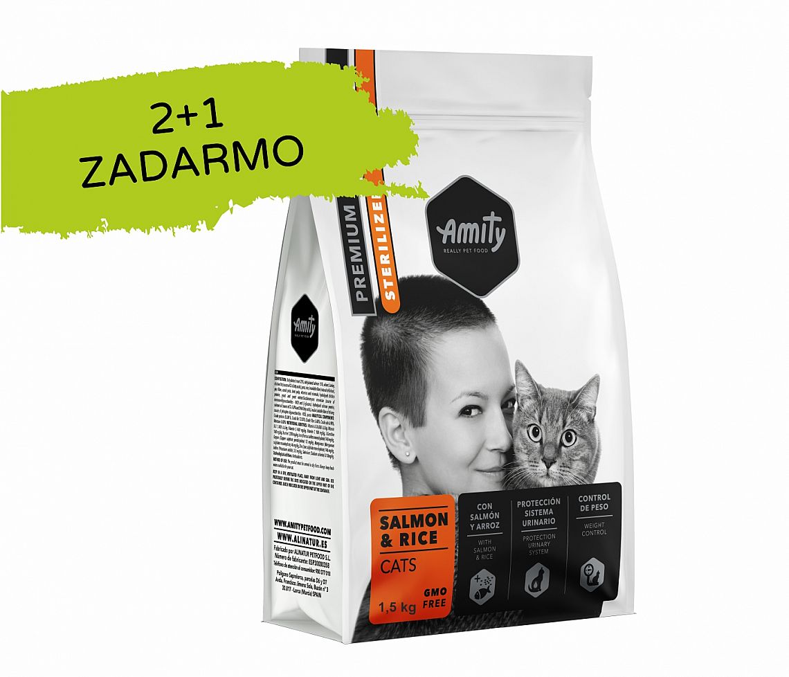 9cfc70b9983495e031a2cd004e7fa6f3053c9d89 Amity CATS Premium STERILIZED Salmon and Rice 1,5kg 2+1 zdarma – Obrázok 1