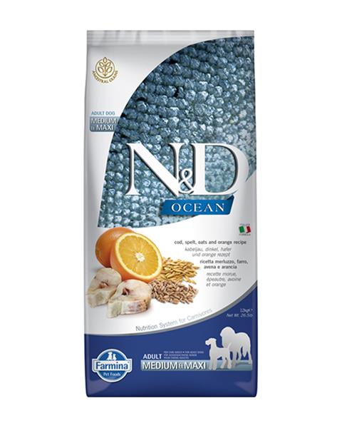 OBC007321-1562072683 Farmina N&D dog OCEAN (AG) adult medium & maxi, codfish, spelt, oats & orange 12 kg – Obrázok 1