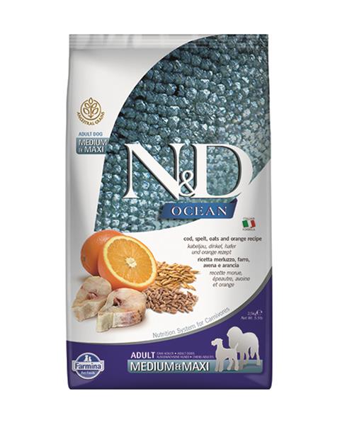 OBC018996-1578467743 Farmina N&D dog OCEAN (AG) adult medium & maxi, codfish, spelt, oats & orange 2,5 kg – Obrázok 1