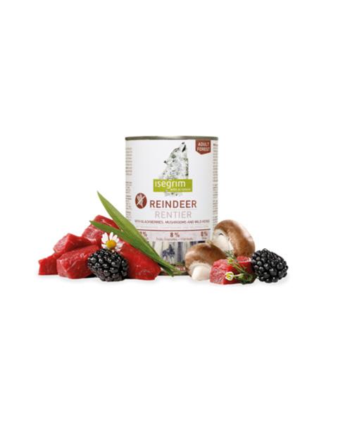 OBC022470-1659540488 ISEGRIM dog Adult Mono Reindeer pure with Blackberries, Champignons & Herbs bal. 6 x 400 g konzerva – Obrázok 1
