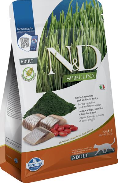 OBC026354-1762168265 Farmina N&D cat SPIRULINA (GF) adult, herring & goji 0,3 kg – Obrázok 1
