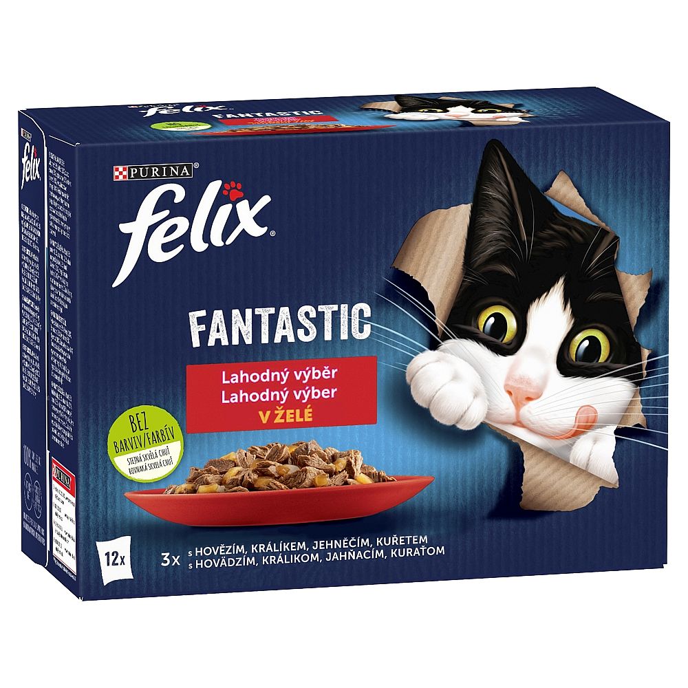 b66fe297c34c630fe3f9a2549dbc5df0c5bab81a FELIX Fantastic Multipack 12x85g kura/hovädzie/králik/jahňacie v želé – Obrázok 1