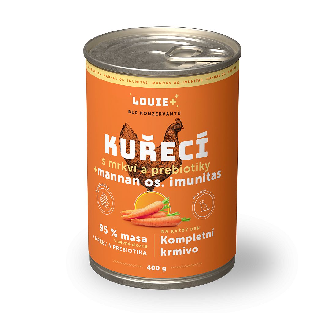e0a1dc03f54420c56719af14ac3da3cf05d19b04 Konzerva LOUIE kuracie, mrkva, prebiotika 400g pre psov – Obrázok 1
