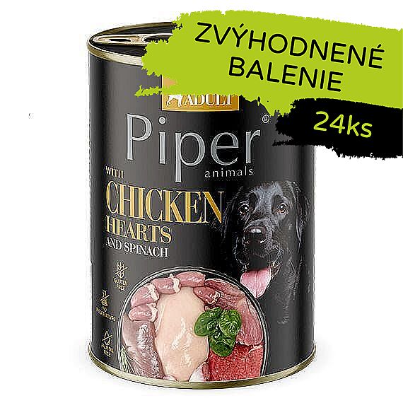 e3059436233b794e6fede0e8098cebb748d6cd9e PIPER konzerva pre psov s kuracími srdiečkami a špenátom 24×400g – Obrázok 1