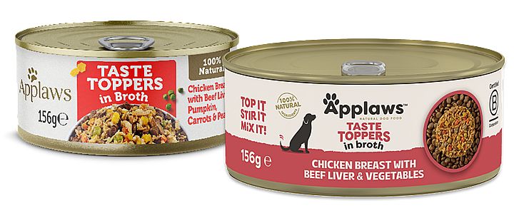 e6bb2d3dbe2a5c686caf839de4cb34cdf550a89b Konzerva APPLAWS Dog taste toppers Chicken with liver and vegetables in Broth 156g – Obrázok 1