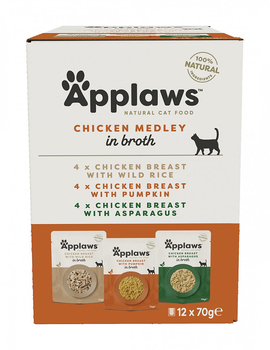 ed175350e355e7a567101a3cf73256b6989f7e93 Kapsička APPLAWS Cat Chicken Medley in Broth Multipack 12x70g – Obrázok 1