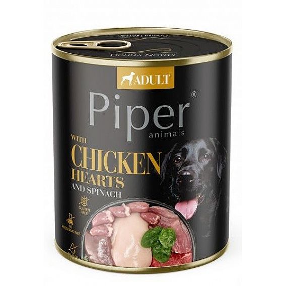 f211664fd2362bfdf637851725460ead2924085d PIPER konzerva pre psov s kuracími srdiečkami a špenátom 800g – Obrázok 1