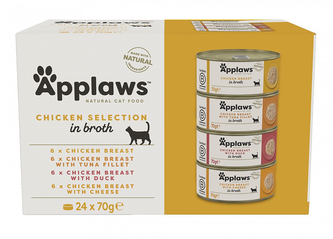 f33eca63bda4db99305c5a959d4d3dda411b9bec Konzervy APPLAWS Cat Chicken Selection multipack 12x70g in broth – Obrázok 1